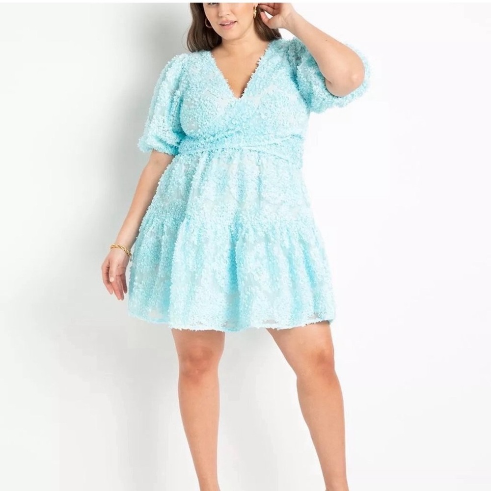 Eloquii Aqua Mini Dress 👗 with wrap belt and puffy sleeves, Women’s 14. NWT